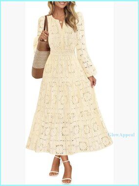 Long Sleeve Floral Maxi Dress with Pockets, Lace Eyelet, Boho Style